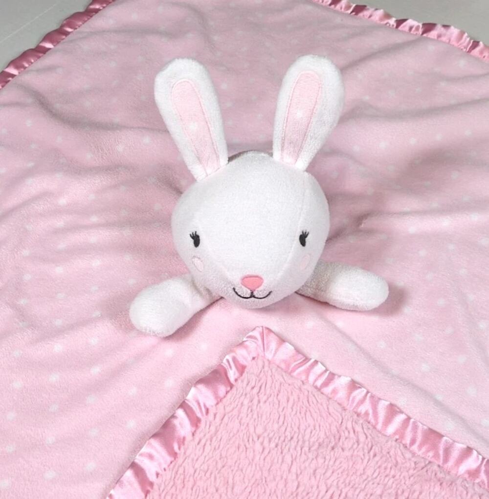 Cloud Island Pink Polka Dot Bunny Lovey Security Blanket Satin Trim Large 29"
